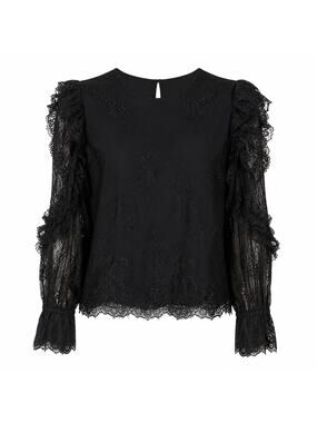 Sweet Rain Womens Sz Small Black Floral Lace Blouse Ruffle Long Sleeve Sheer Top